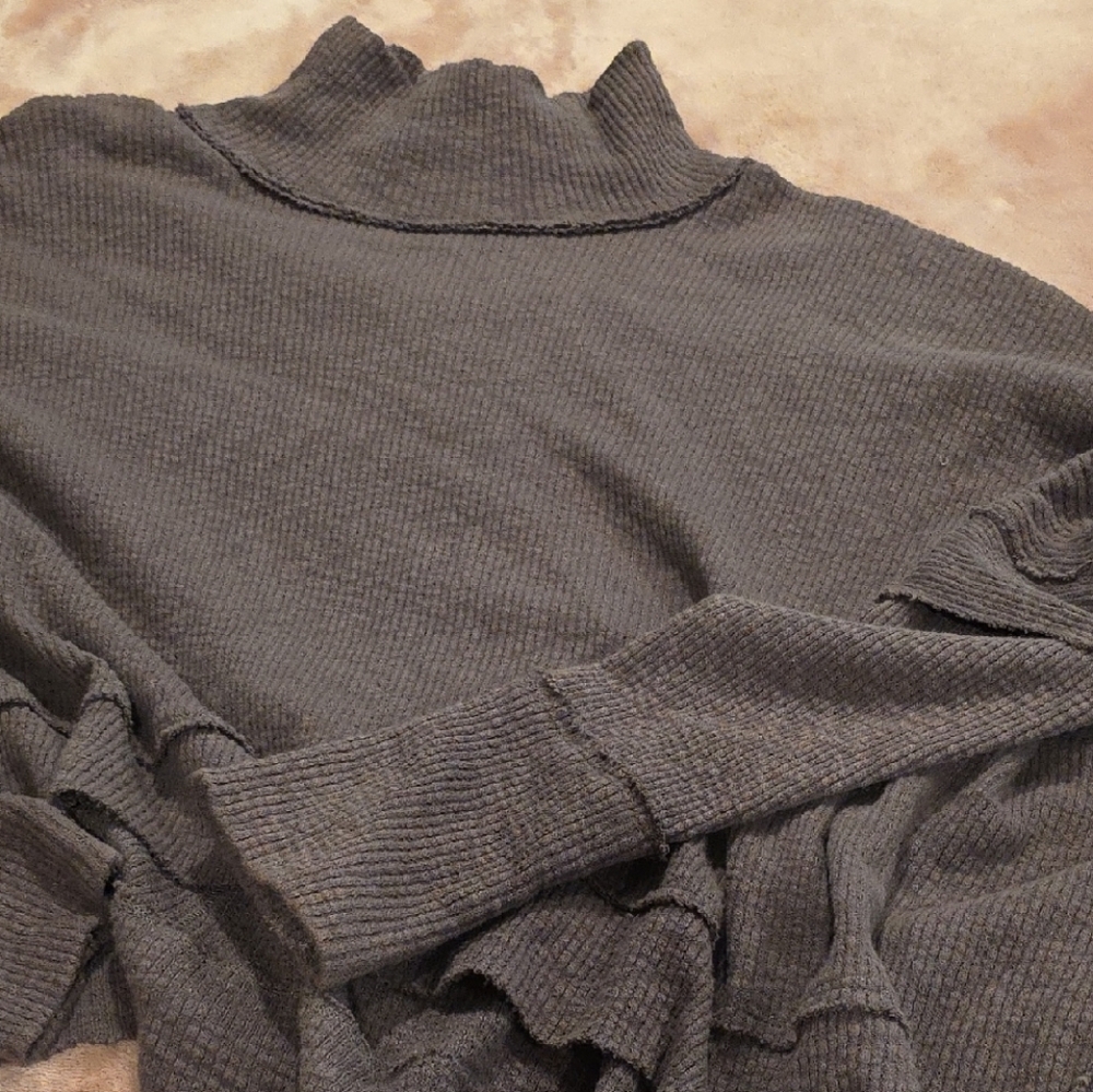 We The Free Gray Cowl Neck Sweater with Flounced Hem